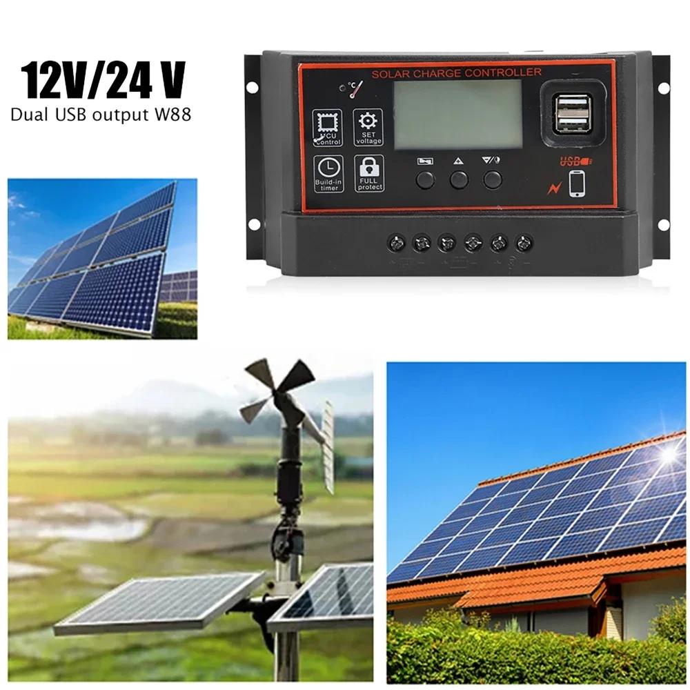 PWM Controller 100A 12V 24V Automatic Generation Discharge for Solar System 2-USB 5V Solar Panel Charging LCD Display