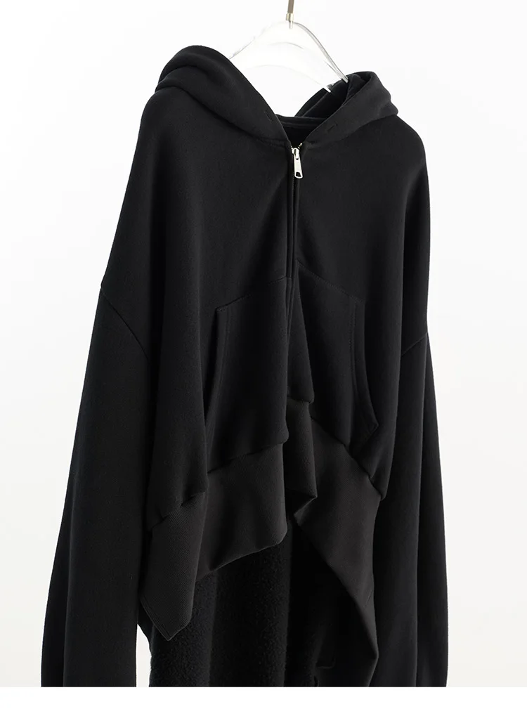 Irregular Sweatshirt~ Black Hooded Sweatshirt Women's Jacket, All-Cotton, Loose Fit, Casual, Slimming, New Autumn Style