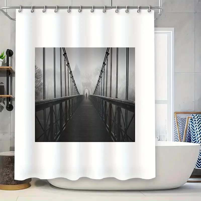 

Vintage Bridge Landscape Shower Curtain Gothic Dark Forest Halloween Backdrop Bathroom Decor Spooky Eerie Vaporwave Wall Art