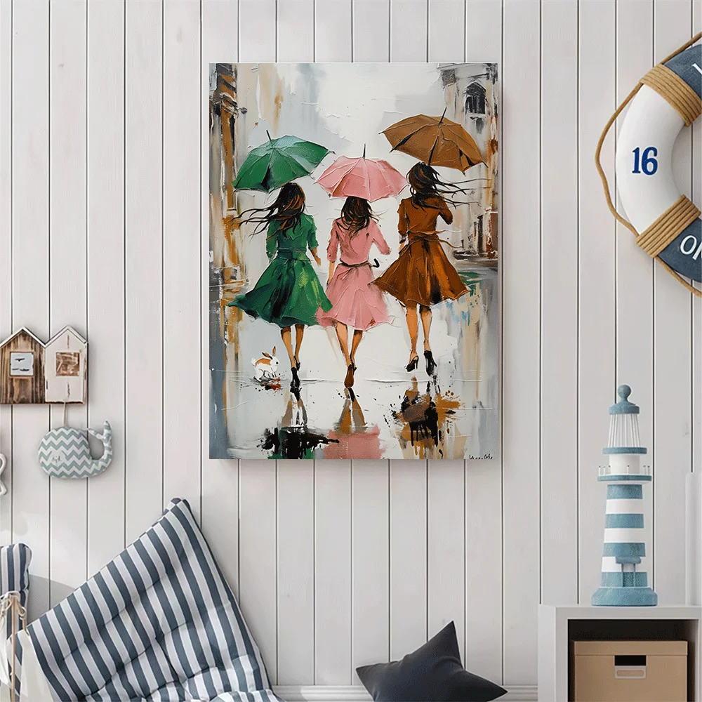 1PC-Unframed Canvas poster wall decoration  Three Women Walking in Rain with Umbrellas Art Print