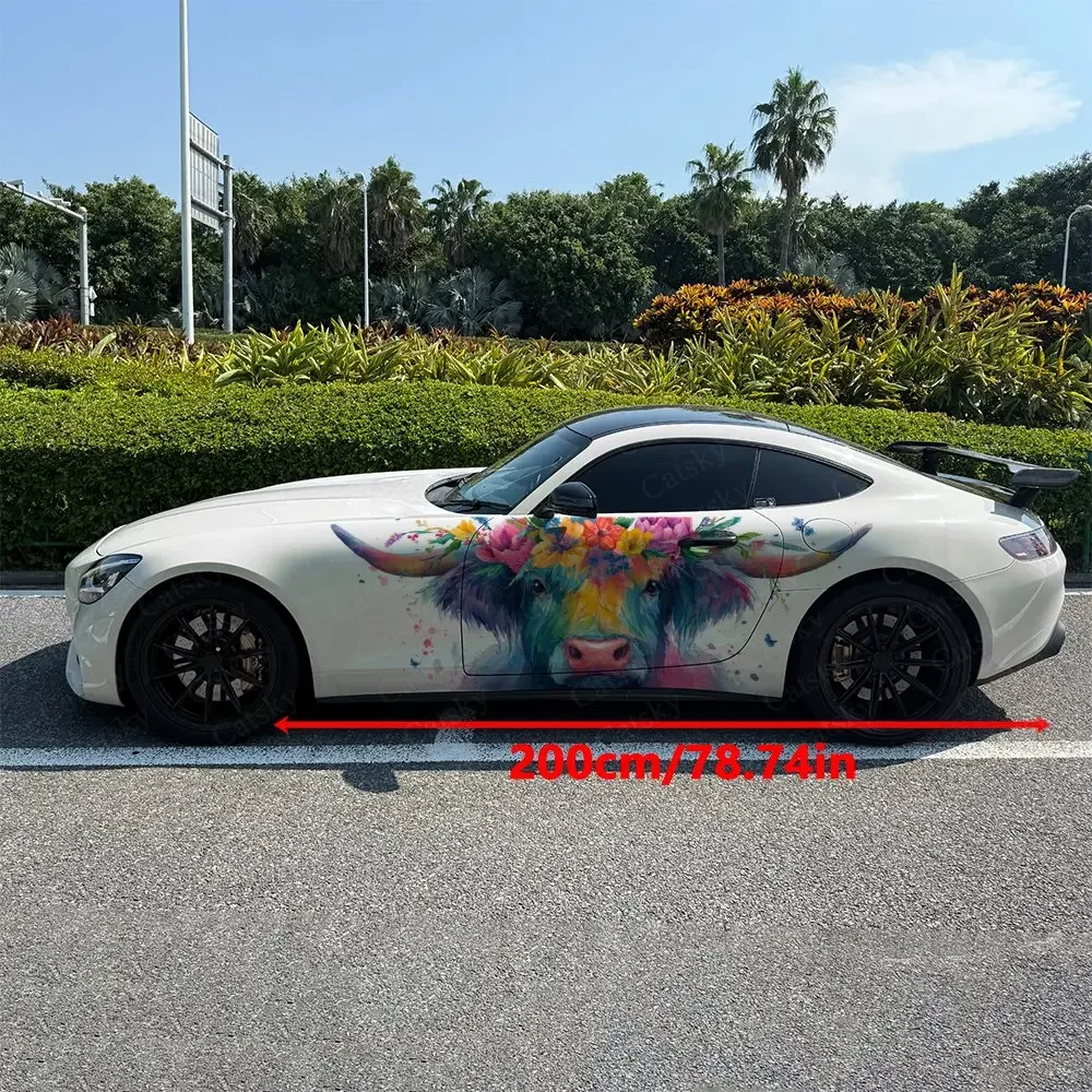 2pcs Vibrant Cluster Blooms Cow Car Side Wraps, Self-Adhesive PVC Waterproof & Scratch-Resistant Stickers, Car Accessory Gift