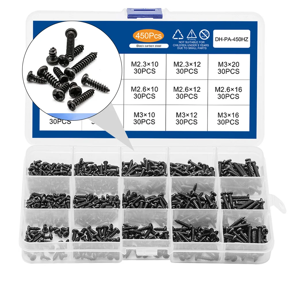 

450pcs Self Tapping Set Black Carbon Steel Round Head Cross Screws Multi-Purpose Fixing Hardware Kit For Repairing