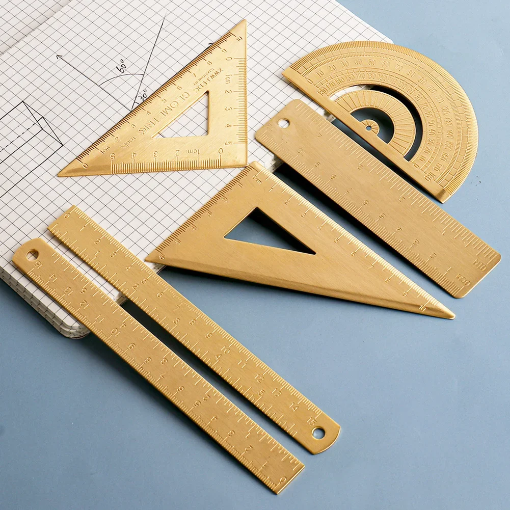 Vintage Brass Straight Ruler Digital Caliper For Students Creative Metal Triangle Ruler Protractor Stationery Measuring Tool