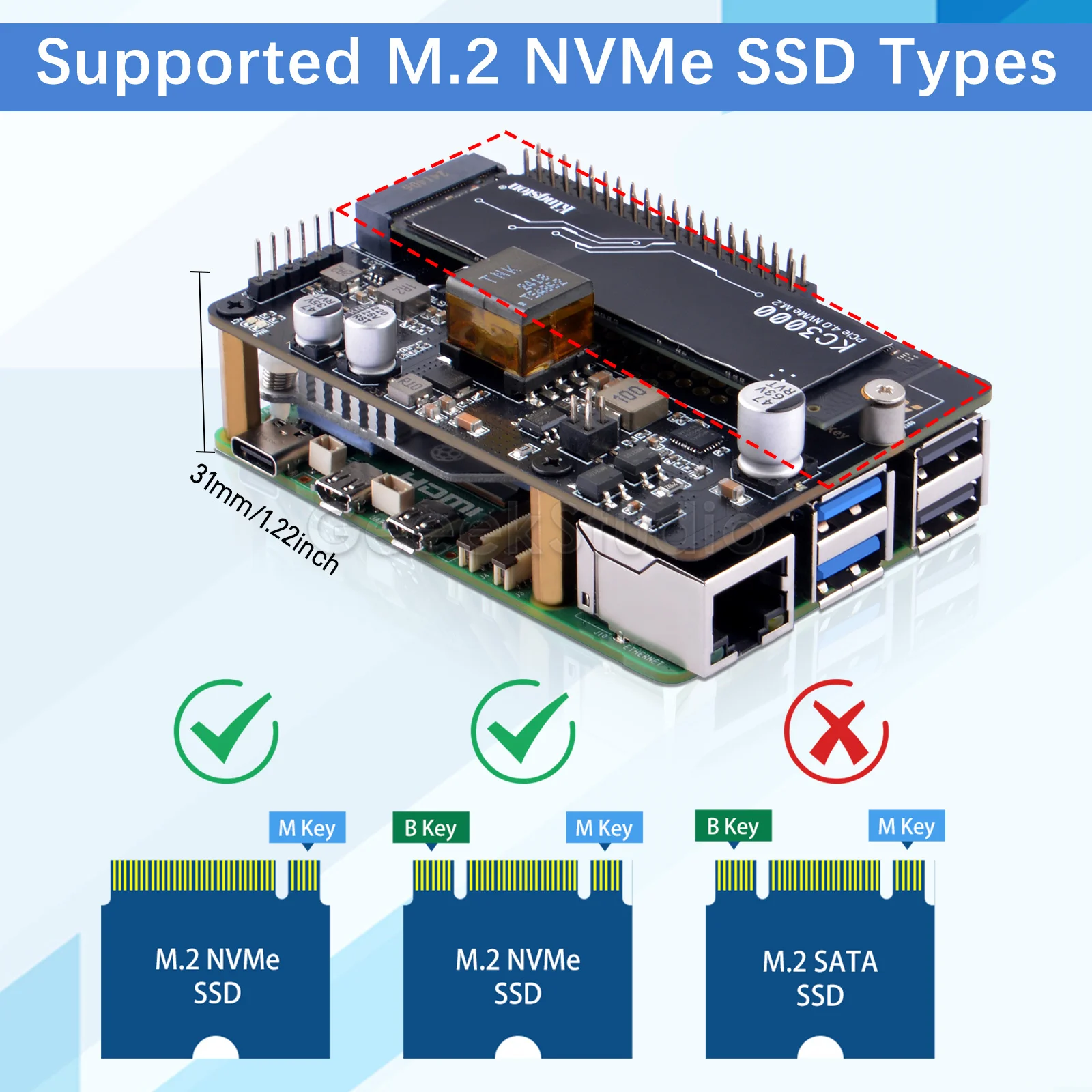 Imagem -04 - Kit Refrigerador Ativo para Raspberry pi Chapéu M.2 Nvme M-key Poe Suporte Ssd 2230 2242 2260 2280