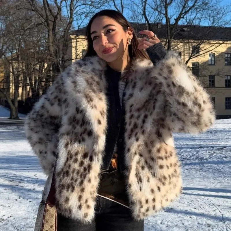 Herbst-Winter, verdicktes warmes Fell, flauschig, schick, Leoparden-Jacken, Oberbekleidung, 2025, neue mittlere Kunstpelz-Umlegekragen-Jacken, Mäntel