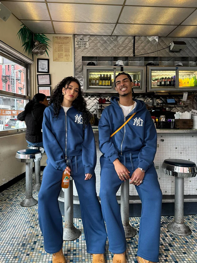 Hip-hop traje de viento de calle americana con cremallera suéter con capucha Pantalones rectos tendencia personalidad calle alta 2025 traje de otoño e invierno