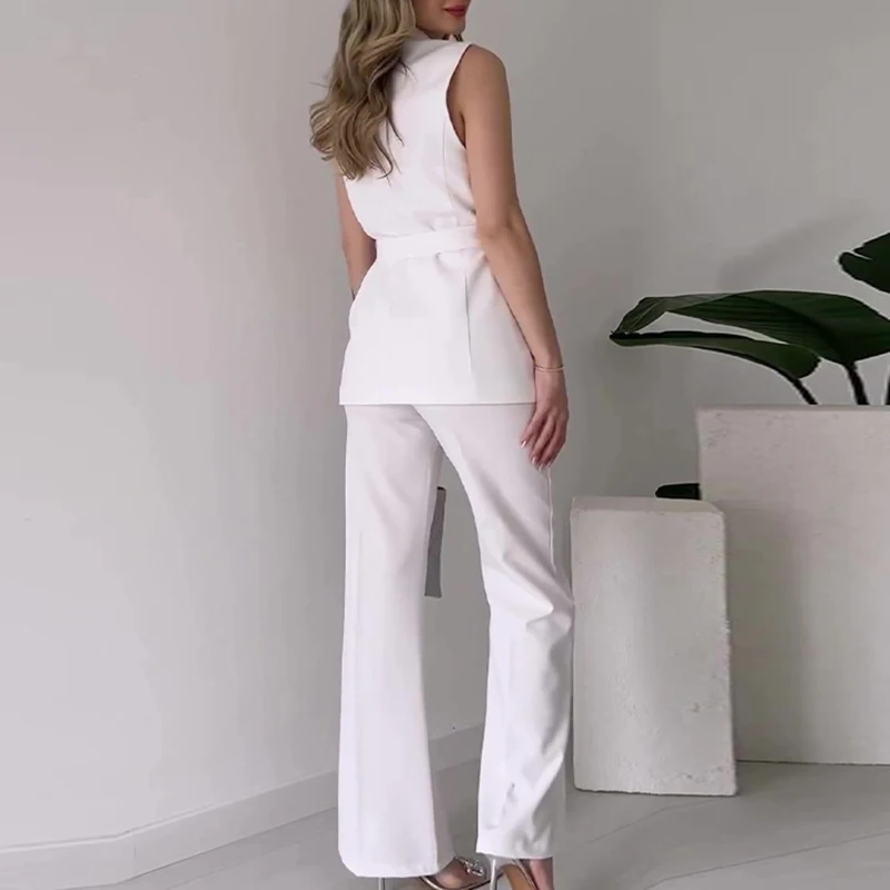 Lady Turn-down Collar Sleeveless Top with Long Pants Suit Elegant Temperament Solid Color Slim Set Fashion Lace Up Party Outfit