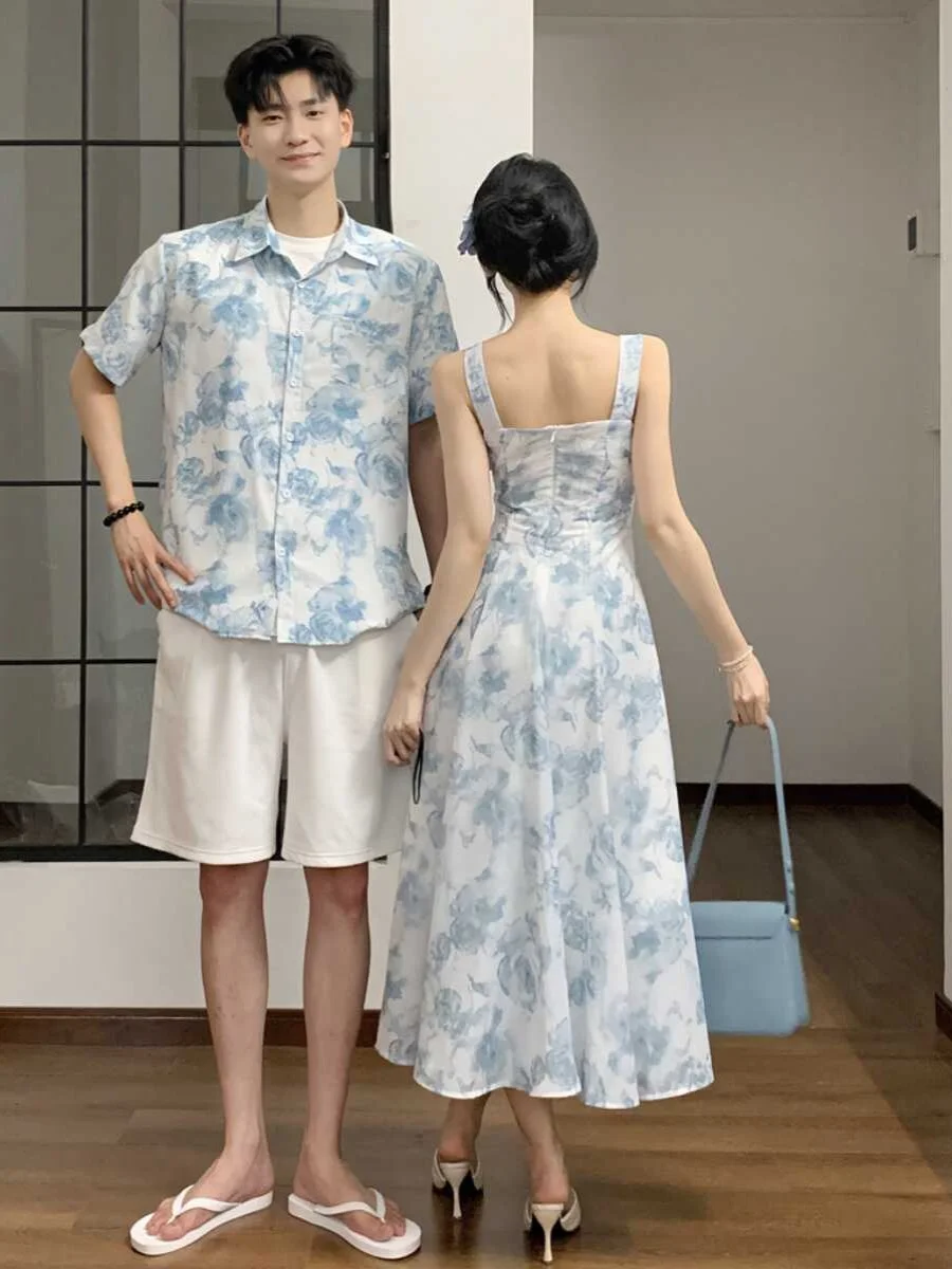 Unique Design Couple Matching Summer 2024 Short Sleeve Holiday Style Dress And Shirt One Skirt One Top Casual Breathable Poly...