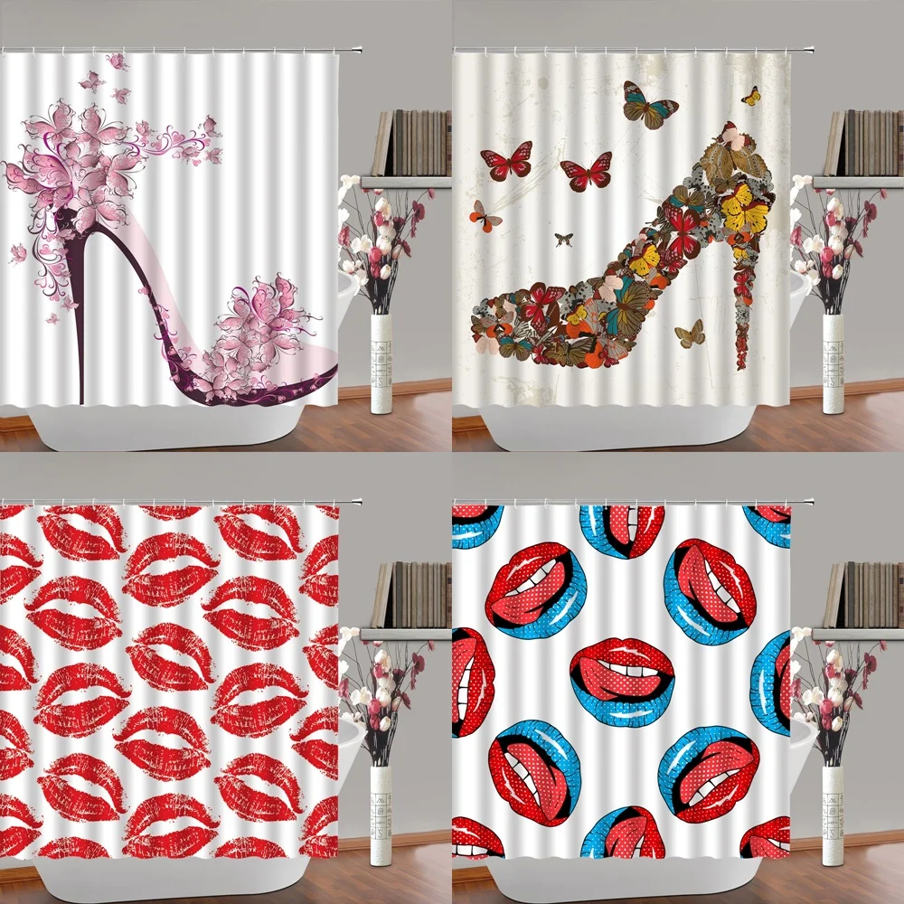 

Fantasy High Heel Butterfly Shower Curtain Psychedelic Sexy Red Lips Cloth Bath Curtains Bathroom Decor Bathtub Screen With Hook