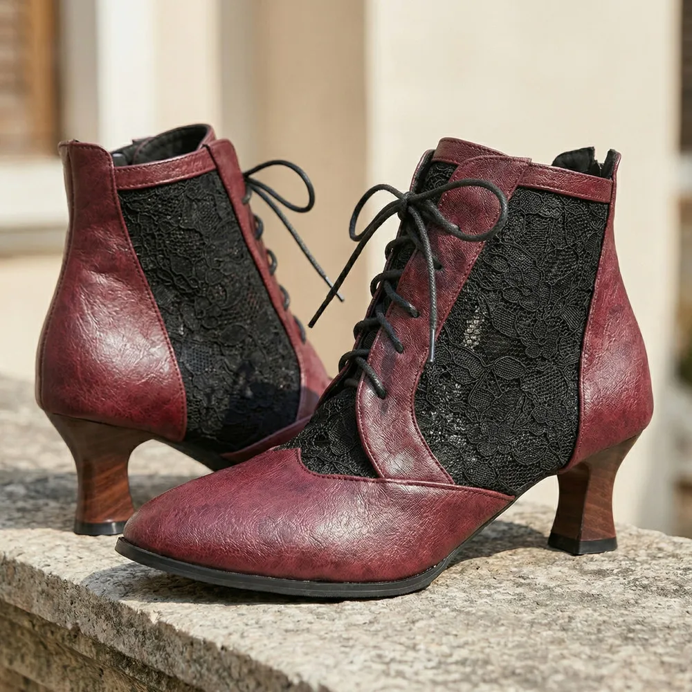 

Victorian Ankle Boots for Women Leather Lace Heel Fashion Lace up Spliced High Heels Ladies Shoes Ankle 34 35 43 44 45 46 48 50