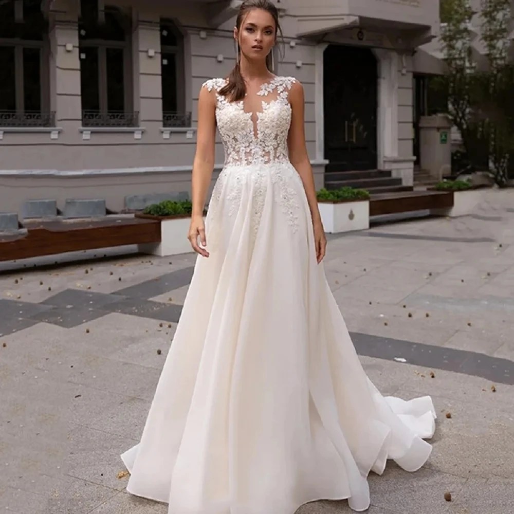 Abiti da sposa classici a-line o-collo abiti da sposa Appliques di pizzo abiti Vintage senza maniche Tulle eleganti abiti De Novia 2024