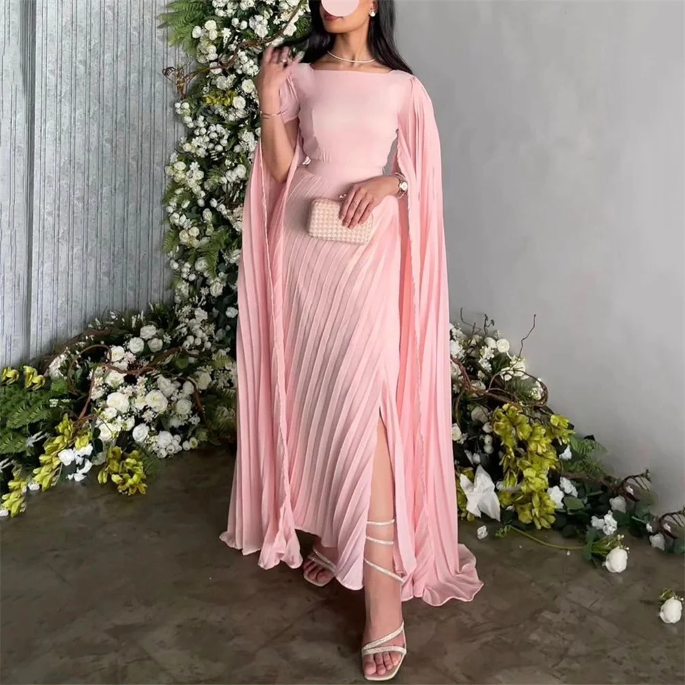 

LUNAFLEYA Simple O Neck Pleat Classy Half Sleeve Mermaid Long Evening Dress For Woman Ankle Length Sweep Train Prom Gown