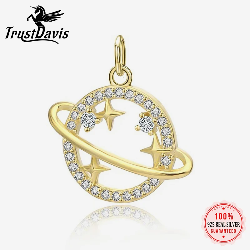 TrustDavis Real S925 Sterling Silver Star Planet Shiny CZ Charms Pendant For Bracelet Or Necklace DIY Accessories Jewelry HY305