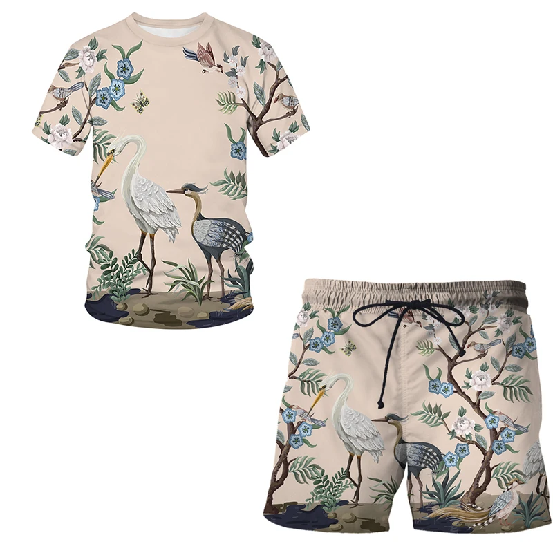 

Летний костюм с 3D цветами, футболка с изображением птицы и растений, шорты, мужские/женские Топы в стиле хип-хоп, одежда, Детские комплекты с коротким рукавом