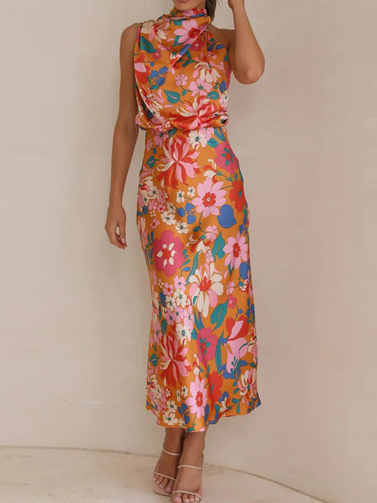 

Floral Print Open Back Sleeveless Maxi Summer Dress Women