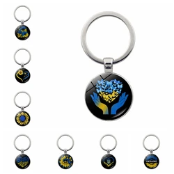 Popular Jewelry Ukrainian Element Alloy Keychain Dome Glass Yellow Blue Sunflower Pattern Classic Gift