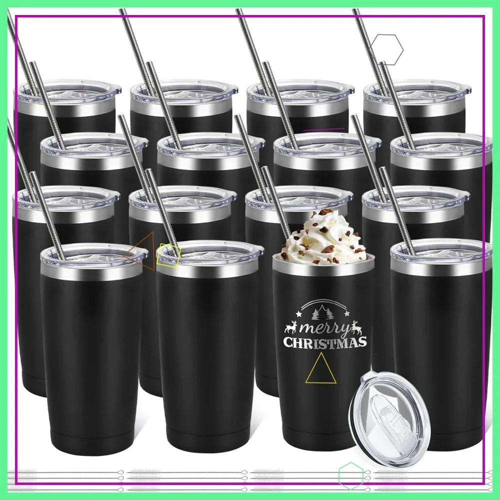 

16 Pack Stainless Steel Tumbler Bulk Insulated Vacuum Travel Mug Powder Coated Coffee Mug Gift for Laser Engrave, 20oz Black