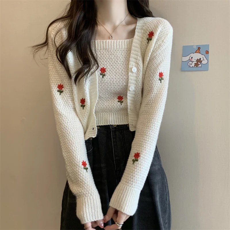 Ele Embroidered Two-Piece Set Knitted Sun Protection Open Cardigan Strap Vest Hollow out ort Faionable Top for Women