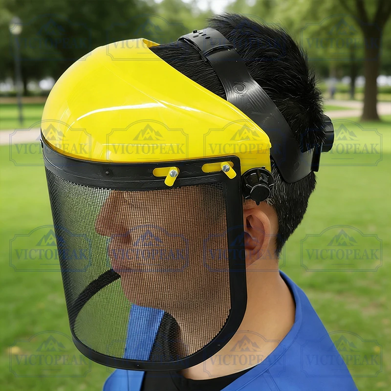 Gartengras-Trimmer Verstellbarer Sicherheitshelm mit Stahlgitter-Visier Gelber PVC-Schutzhelm für Gartenarbeit – Detail 3
