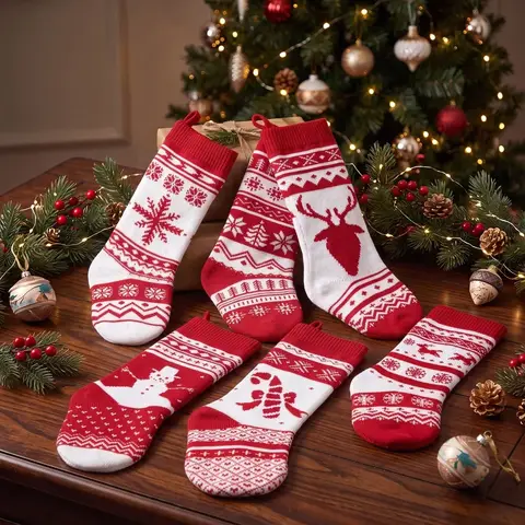 6 Pack 18" Christmas Knit Stockings, Large Rustic Yarn Xmas Stockings Bulk, Cable Knit Xmas Stockings with Snowflake Snowman Reindeer Character for Christmas Tree Fireplace Holiday Decorations