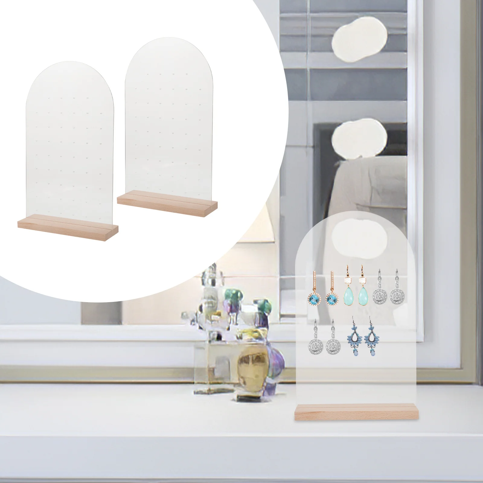 

2Pcs Acrylic Earring Display Stand Stable Wood Base Earrings Holder Jewelry Organizer Rack Acrylic Earring Display Stand