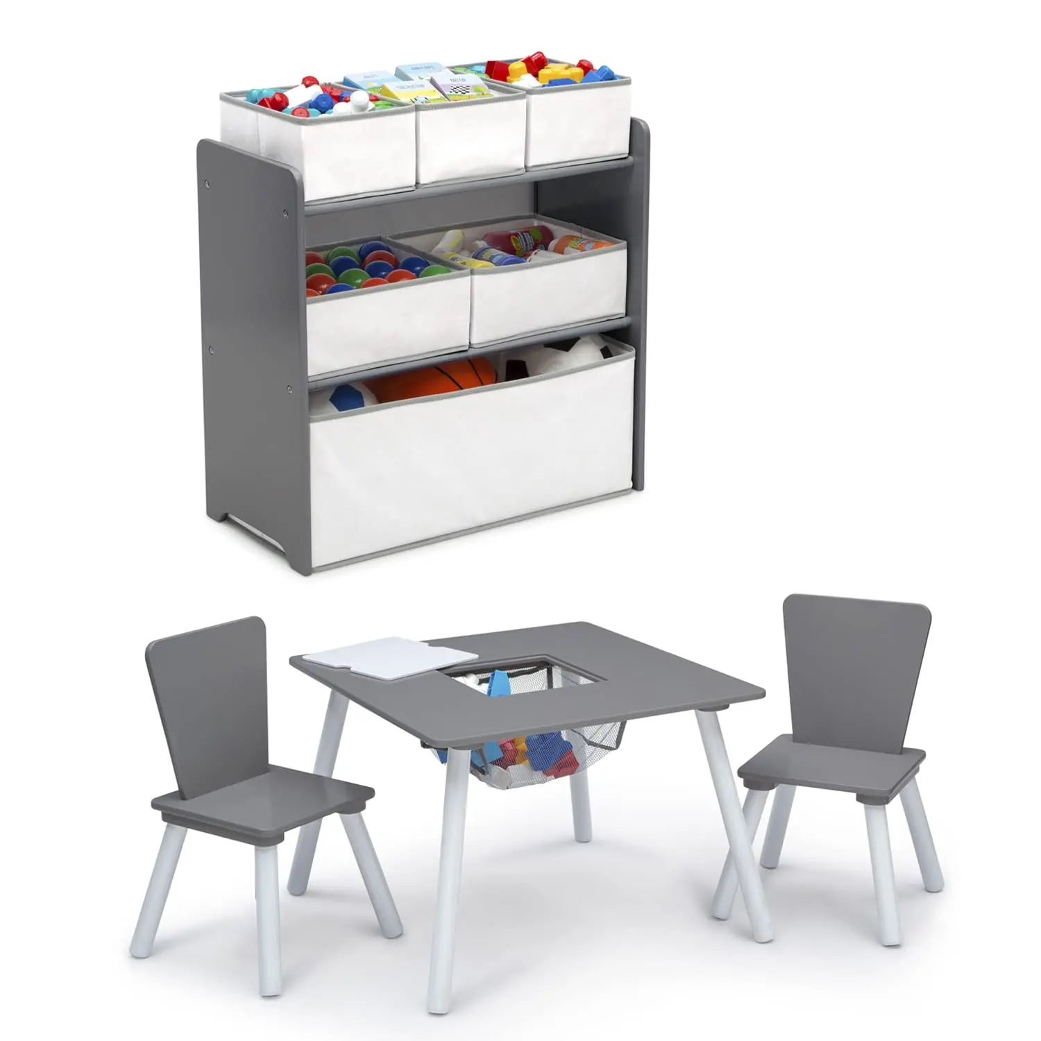 

4-Piece Toddler Playroom Set with Table, 2 Chairs & Toy Organizer - Grey/White
