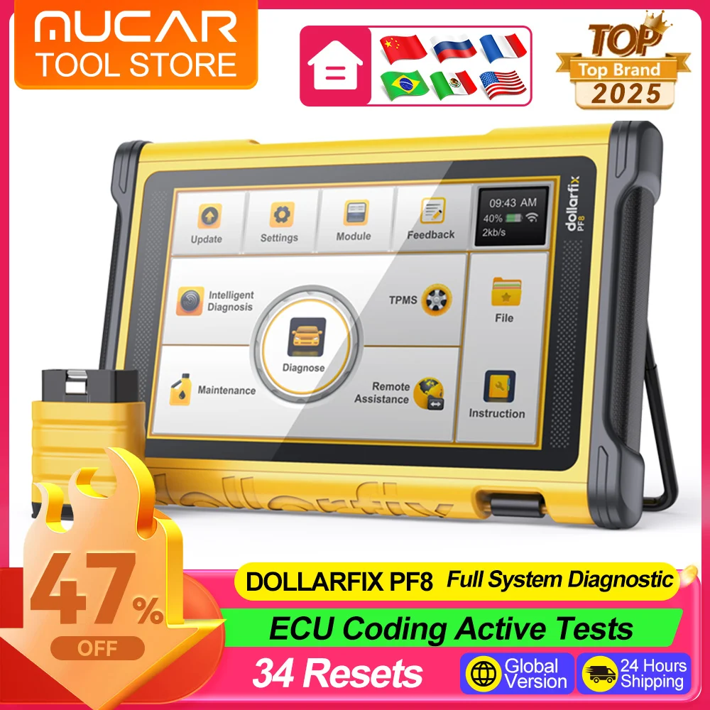 Dollarfix PF8 Professional OBD2 Scanner Full System Diagnostic Tools 34 Reset ECU Coding Bi-directional Control  Car Scan Tool