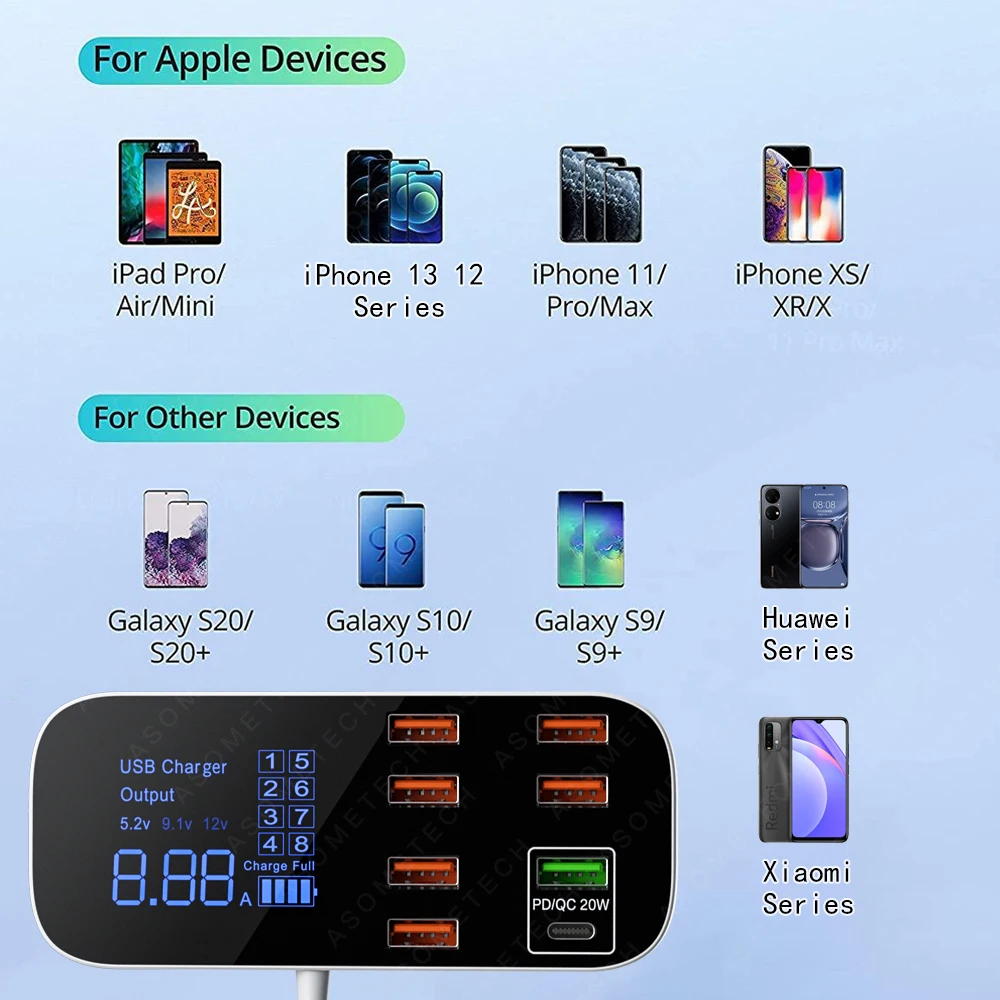 Caricatore per auto USB a 8 porte caricatore rapido portatile QC3.0 caricatore per telefono cellulare 40W 2.4A caricatore rapido per auto per iPhone Samsung Xiaomi