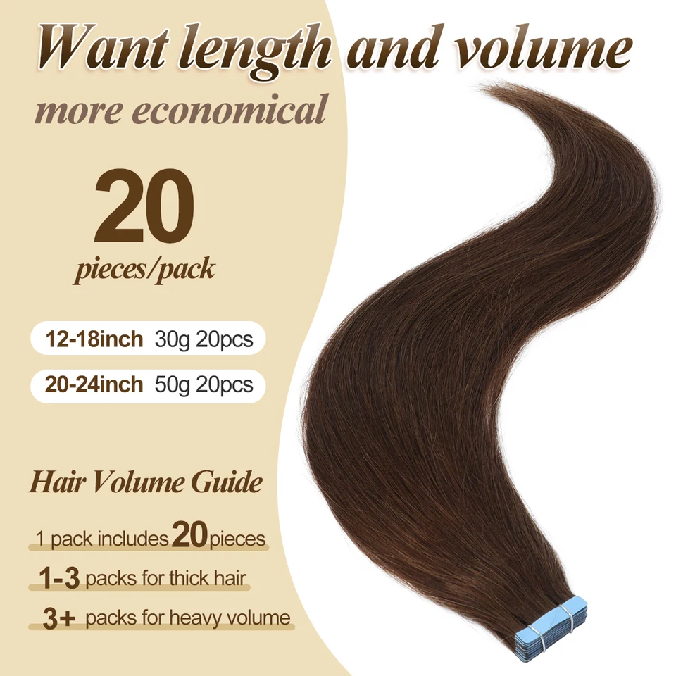 Extensiones de cabello con cinta adhesiva reutilizables Remy humano sin costuras piel weft ligero 20 piezas 30 g 16 20 pulgadas lacio para uso diario 2