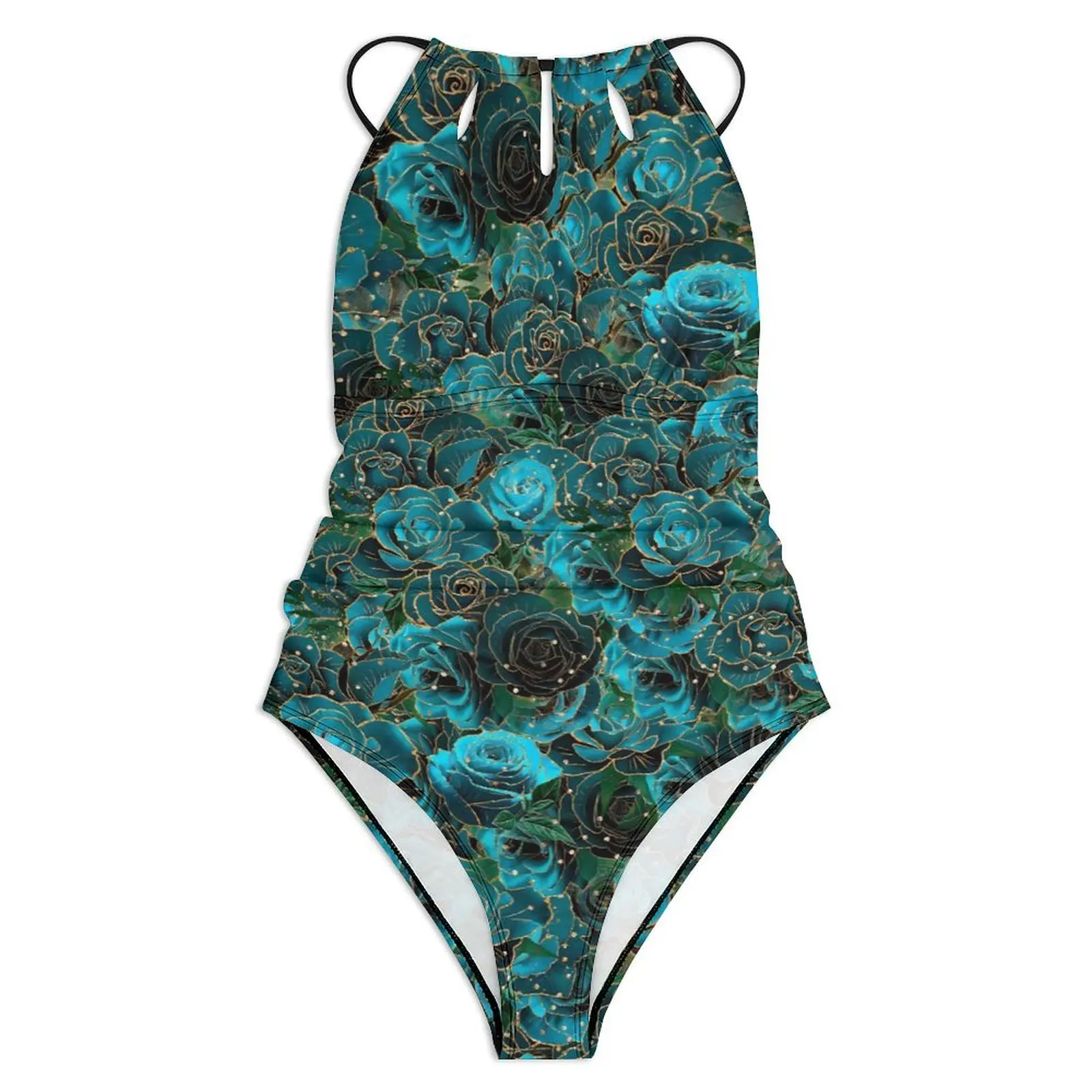 Rose Floral Swimsuit Sexy Gold Glitter Flower Women Swimwear One-Piece Bodysuit Vacation Bath Push Up Sleeveless Bathing Suit