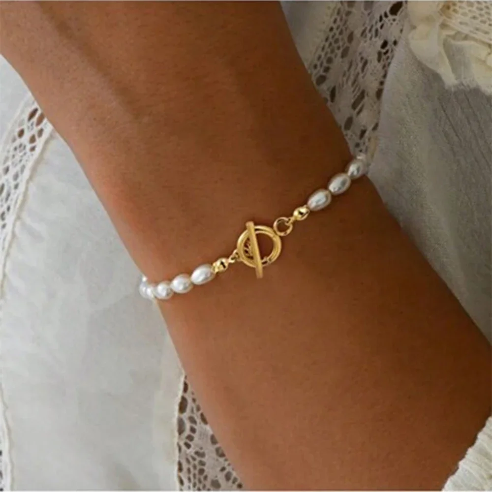 Imitation Pearl OT Clasp Bracelet for Women Gold Color Bread Bangle Silver Color Chain New in Designer Fashion Jewelry