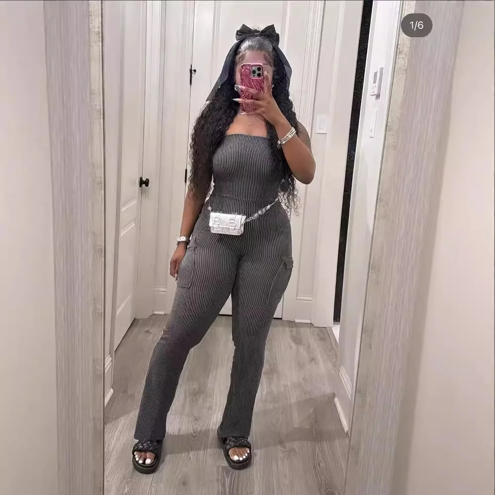 

BWQ Women Bodycon Jumpsuits Rompers Sexy Pocket Jumpsuit Skinny Tube Top Ankle Lenth Pencil Pant Slim Y2K Street Wear Summer