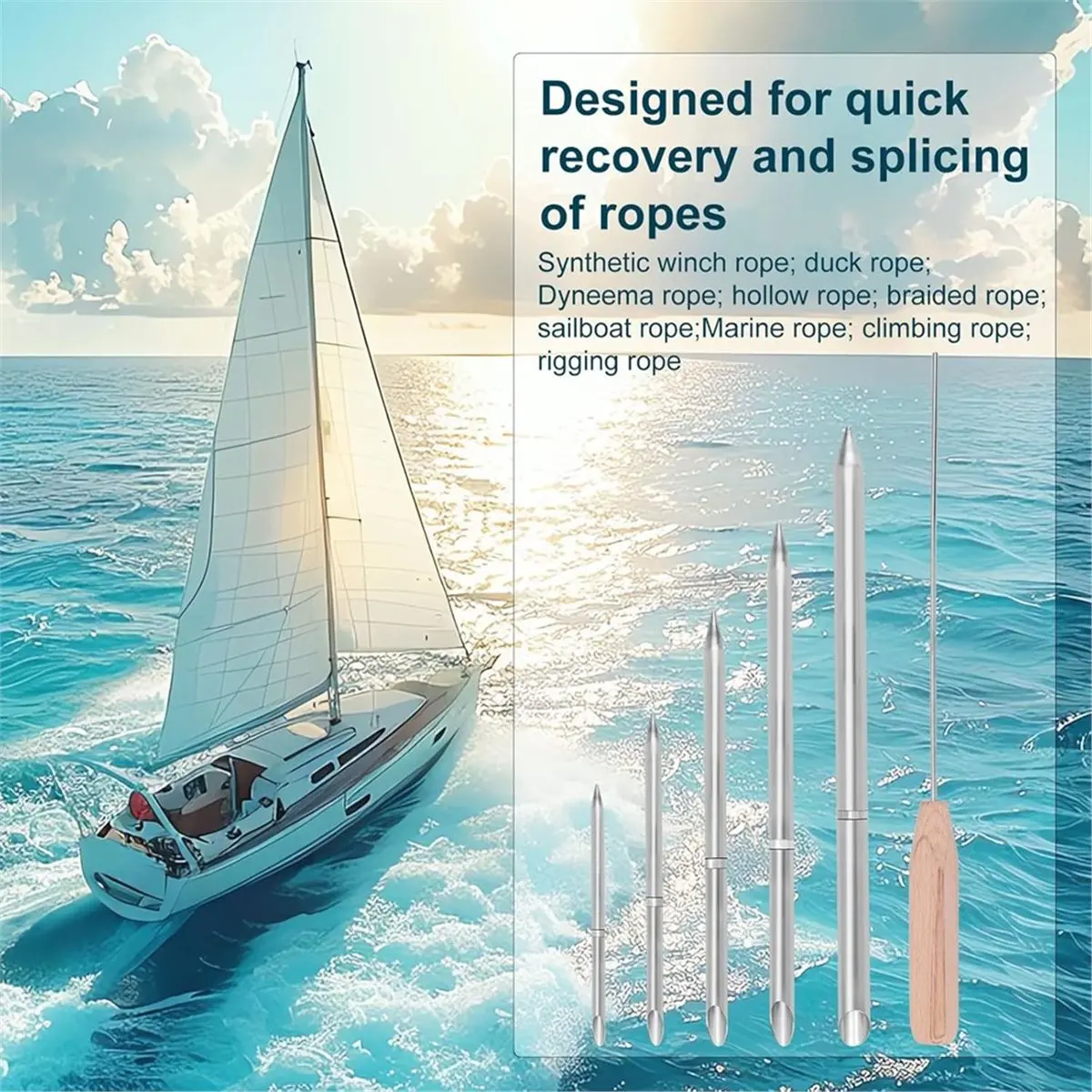 Rope Splicing Kit with Handle for Paracords Lacing Needles and for Braided Rope Connections, 5 Different Sizes