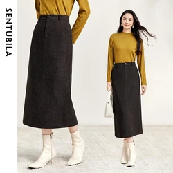 SENTUBILA Straight Wool Skirt Women 2024 Winter Vintage Elegant Tweed High-waist Slit-hem Temperament Long Skirts 144Q56942