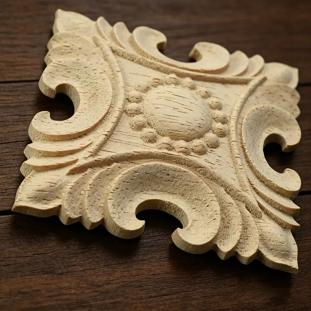 6-15cm Vintage Pattern Carved Onlay Applique Home Decoration Accessories Decor Solid Wood Engraved Square Decorative Flowers