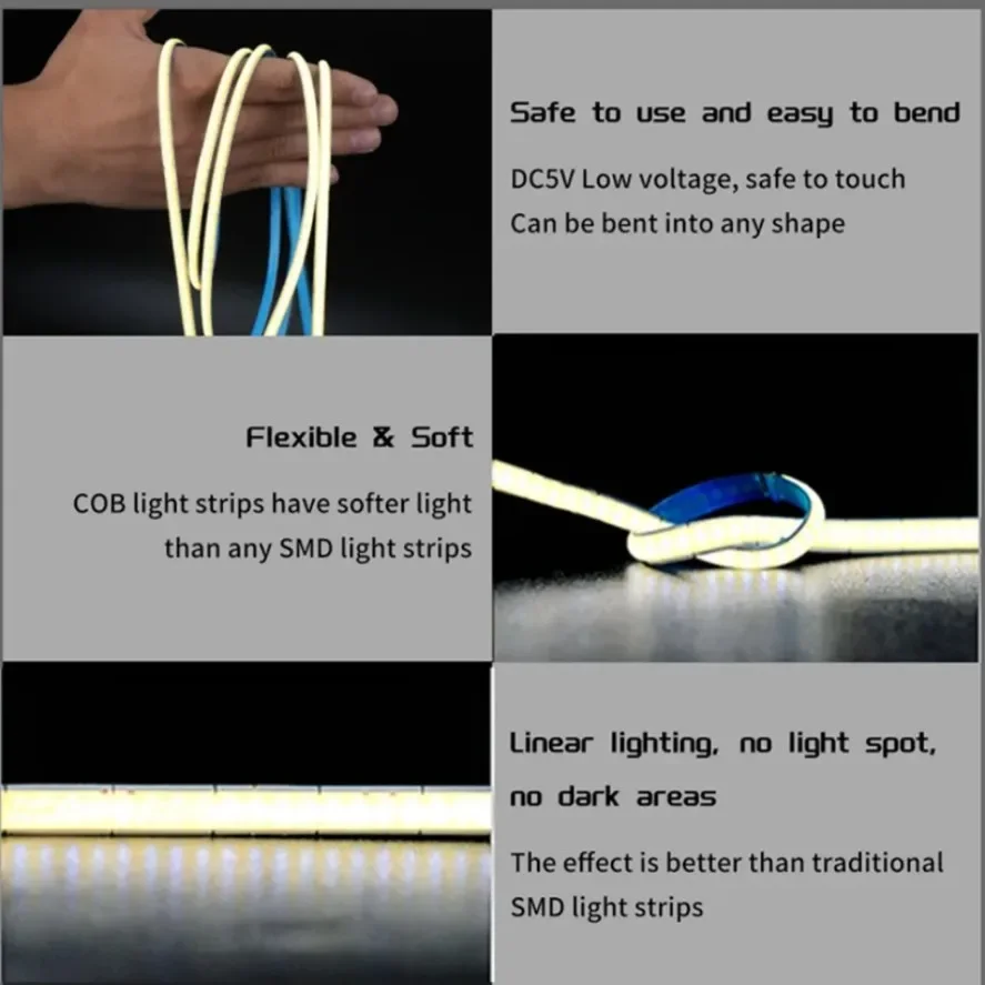 5MM COB LED Strip Light DC 12V 5V 400LEDs/M High Density Linear Dimmable Flexible COB Tape Light Bar 3000K 4000K 6000K oświetlenie