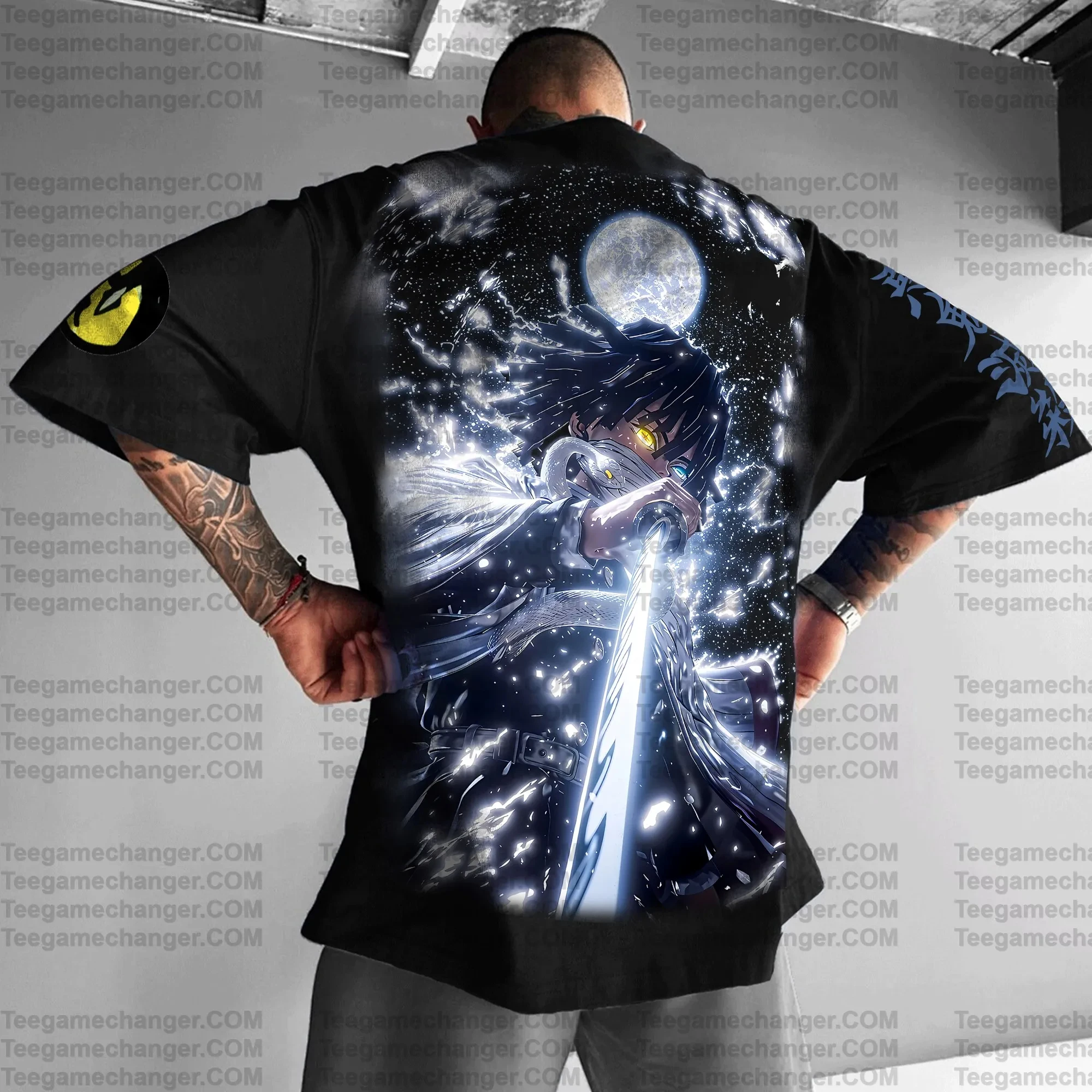 

Oversized Black Cotton T-Shirt Demon Slayer Tanjiro Back Print Blue Lightning Sword Yellow Eyes Starry Moon Sleeve Logo
