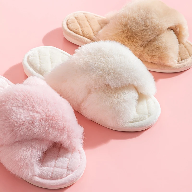 Winter Fluffy Slippers Women 2024 New Cross Strap Warm Sandals Woman Soft Thicken Plush Indoor Flip Flops Ladies Faux Fur Slides