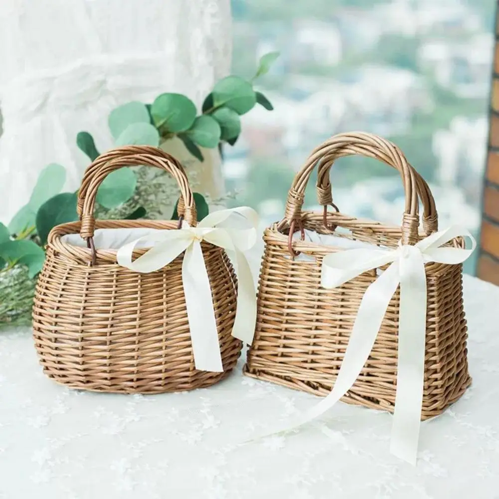 Wicker Flower Basket Rustic Style Woven Handbag Handmade Rattan Woven Trendy Concise Women Handbag Picnic Fabric Rattan Basket