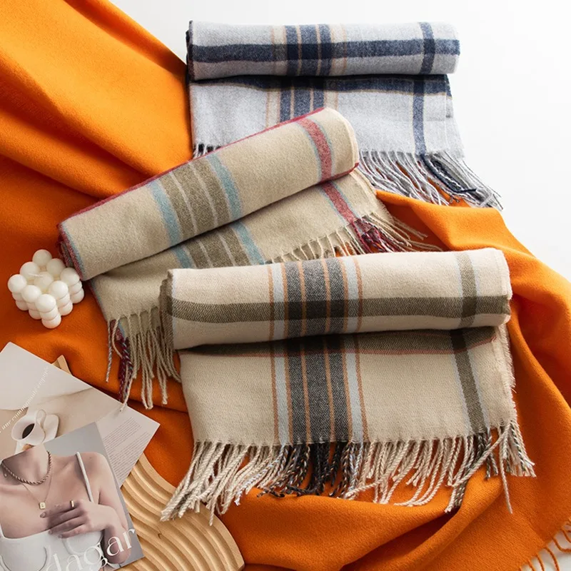 Новый зимний клетчатый шарф с принтом, шарф из искусственной шерсти с бахромой, модный милый шарф на плечо, толстый теплый шарф средней длины