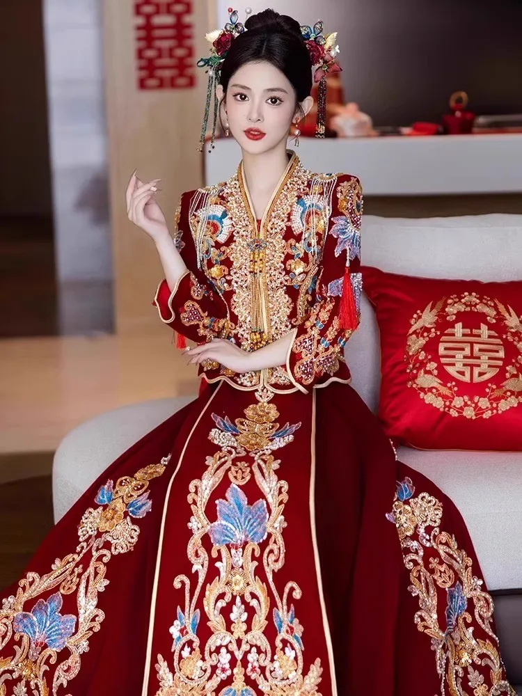 

The new velvet wedding dress heavy industry leads way in large-sized formal wear