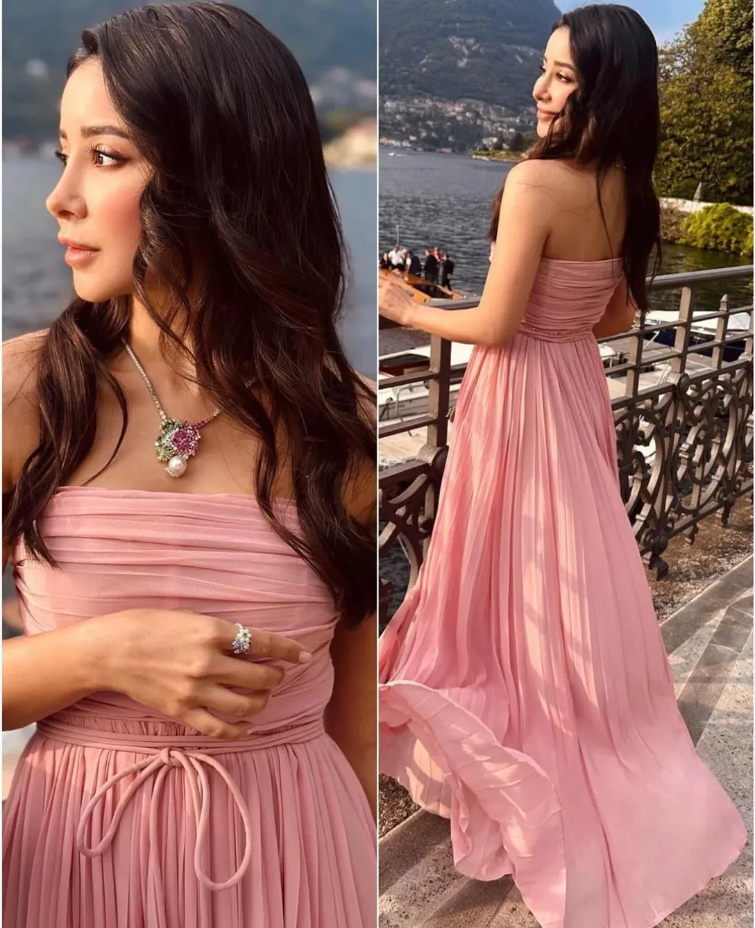 

Customized Sexy Long Pink Chiffon Evening Dresses with Sash A-Line Strapless Pleated Sweep Train Formal Party Dress for Women