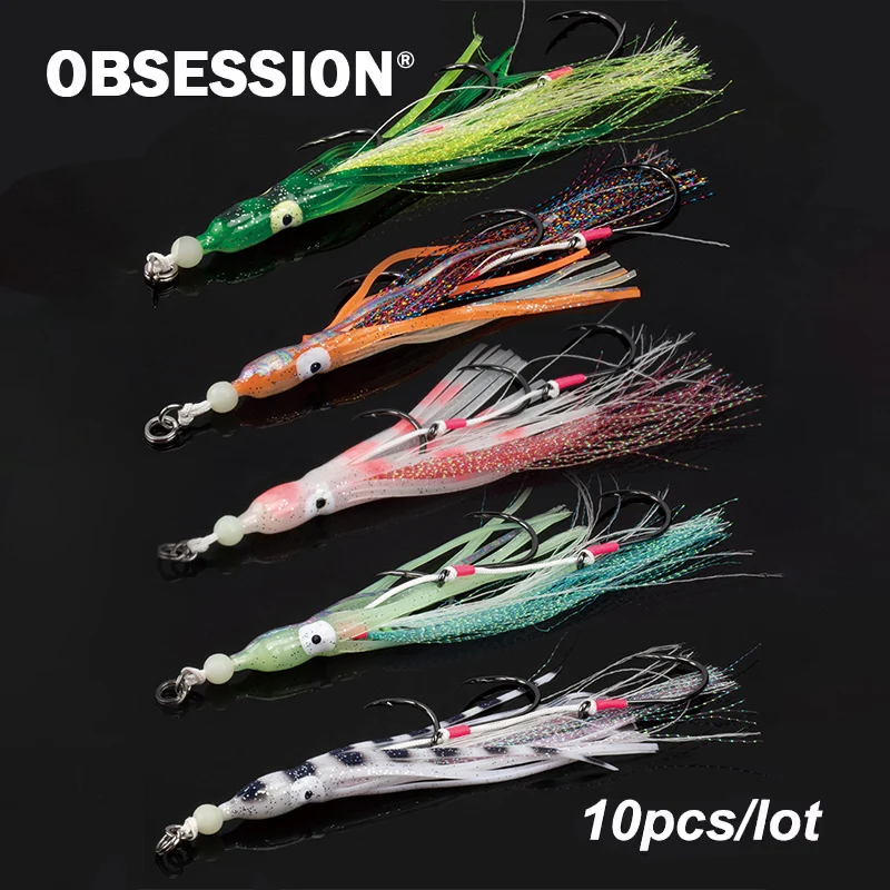 OBSESSION HK025 10pcs/bag 6/0 8/0 Gang Assist Hooks Baited Octo Jig Replacement Hook Sea Fishing Luminous Soft Squid Assist Hook