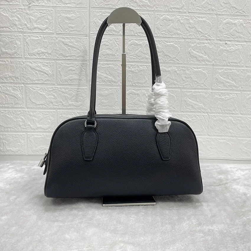 Litchi Grain Leather Bowling Bag, Genuine Leather Pillow Boston Bag, Women's Premium Single Shoulder & Top-handle Handbag