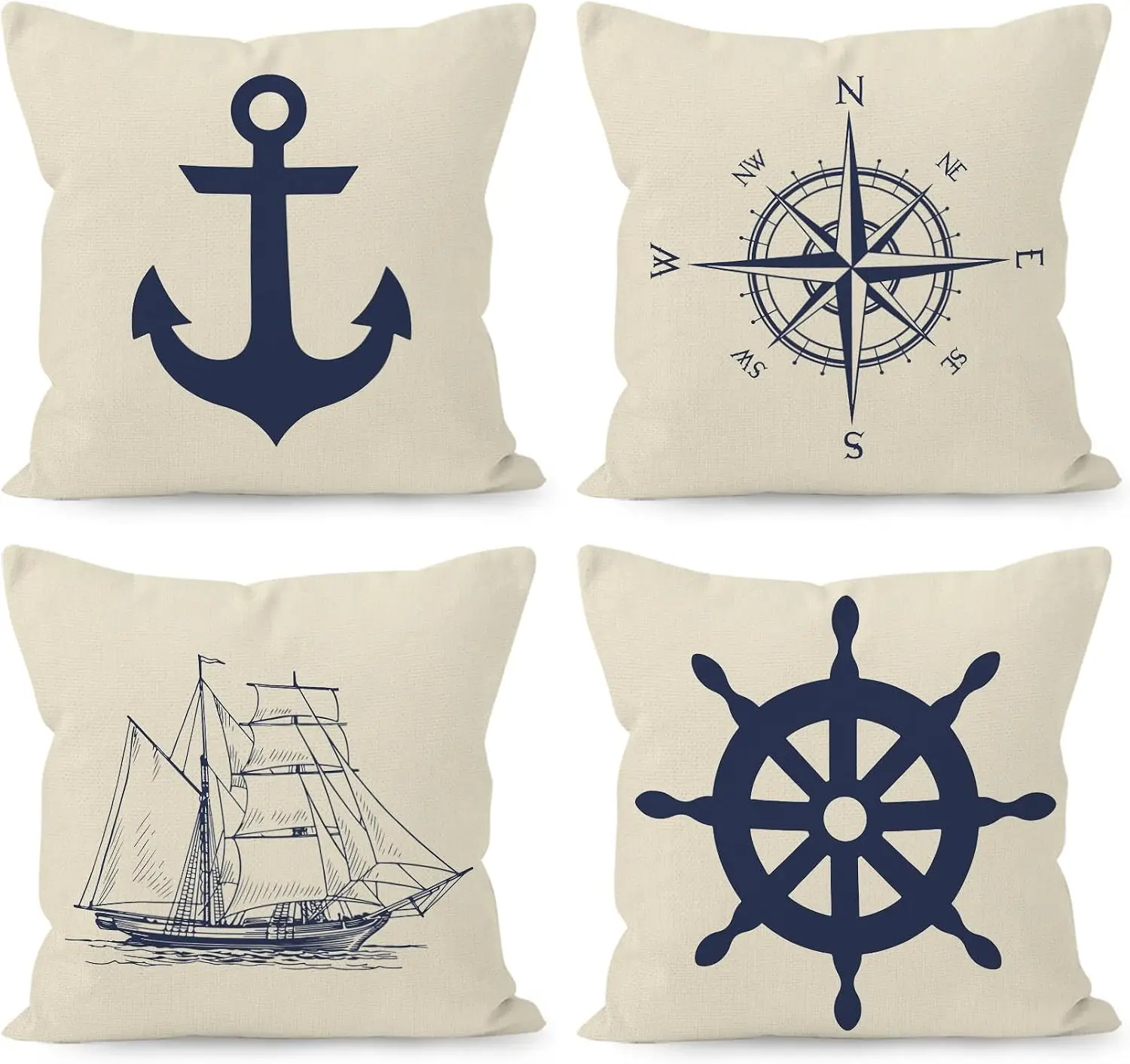 Premium Nautical Throw Pillow Cover Set 4 Pieces Coastal Ocean Decor Anchor Compass Ship Wheel Polyester Home Accent Shams