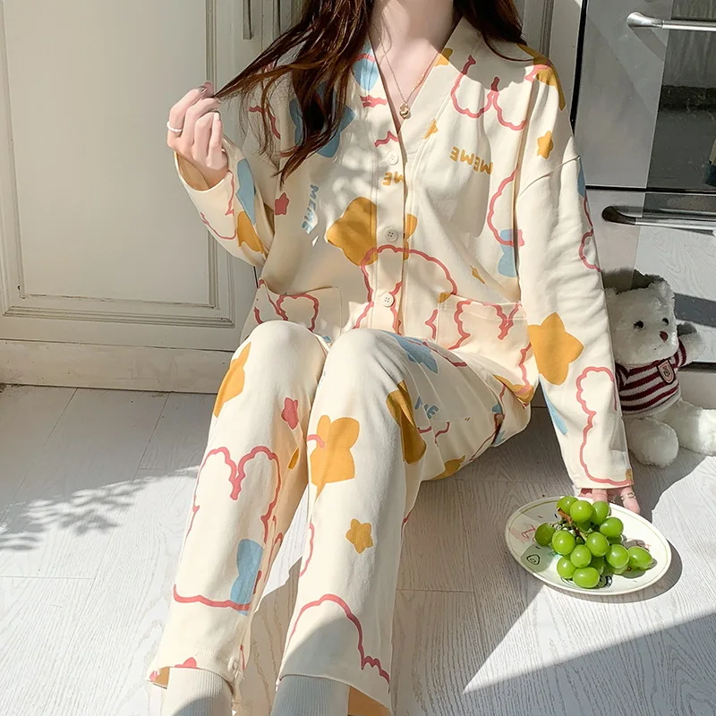 Herbst-Winter-Freizeit-Nachtwäsche-Pyjama-Set 100% Baumwolle Hemd & Hose Nachtwäsche mit Print Outdoor-Homewear V-Ausschnitt Hauskleidung