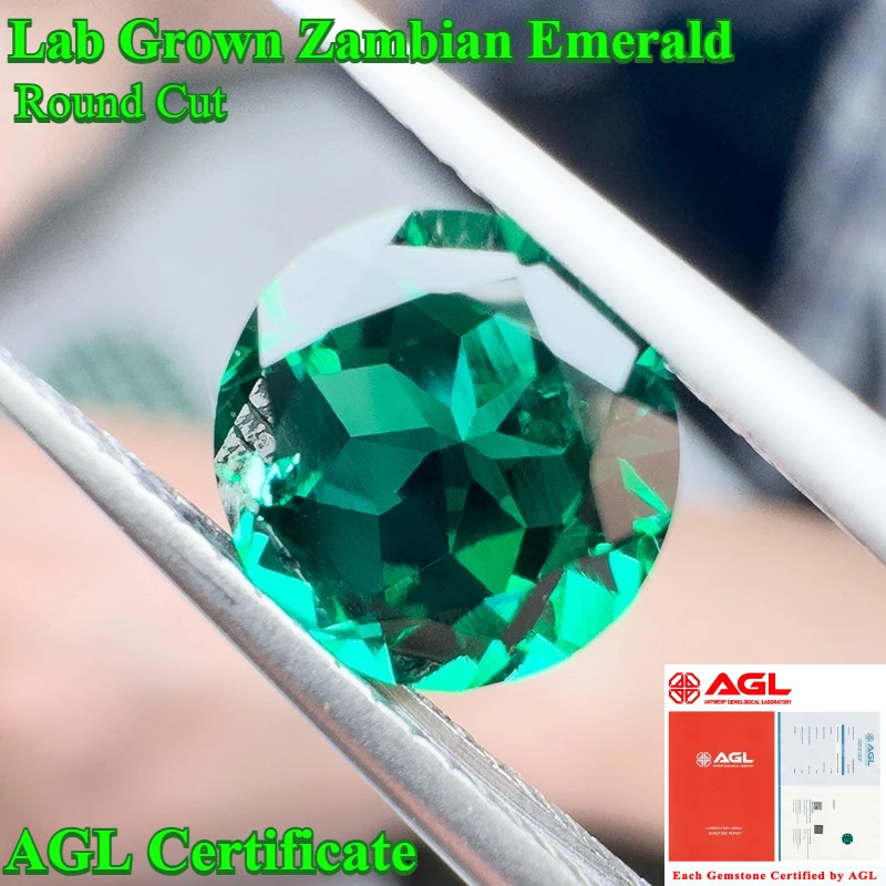 

Hot Sell Lab Grown Zambian Emeralds Hydrothermal Hand Round Cutting with Cracks Inclusions Inside Selectable AGL Certificate