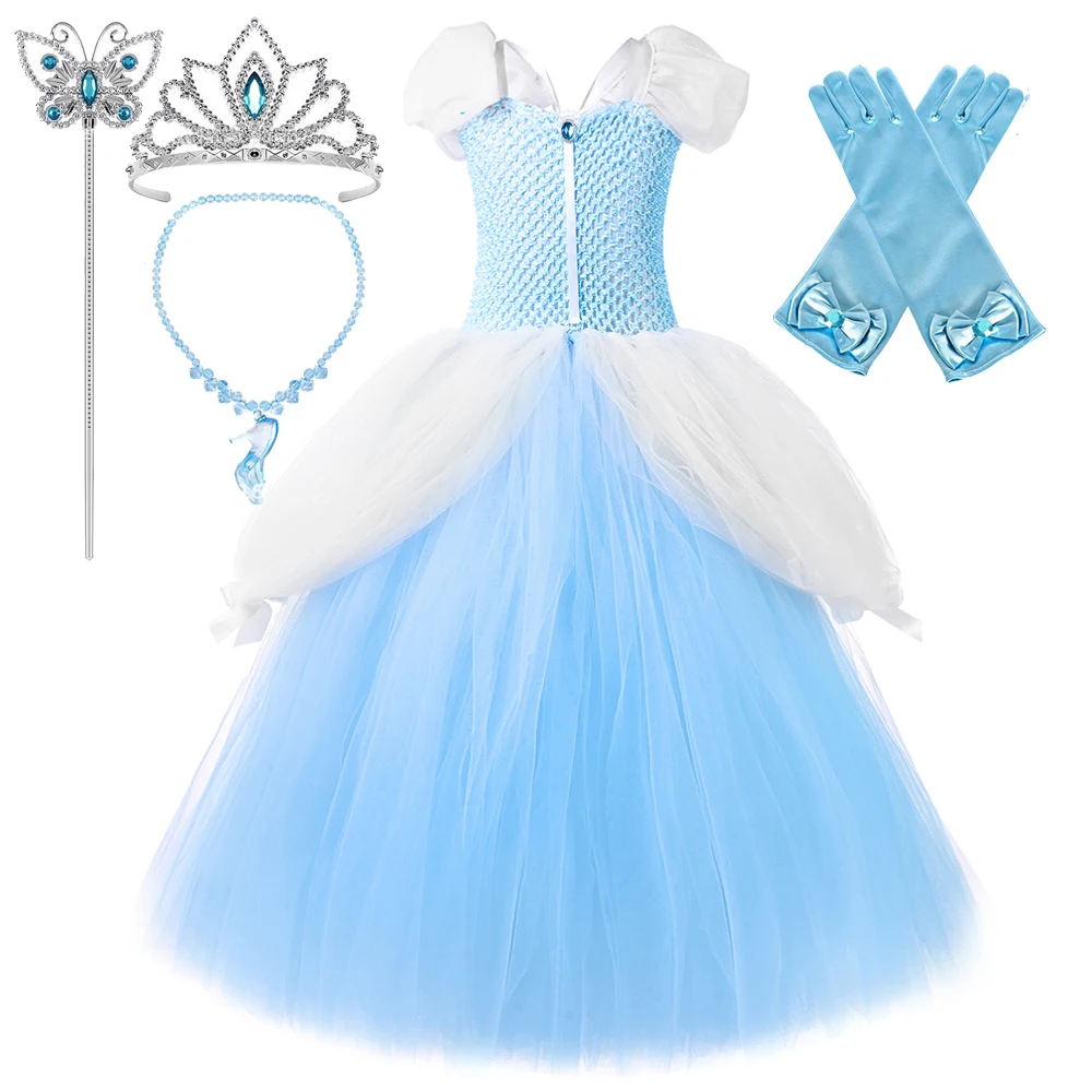 

Disney Princess Cinderella Long Dresses for Girls Christmas Halloween Costumes Kids Party Tutu Outfit Ball Gown with Puff Sleeve