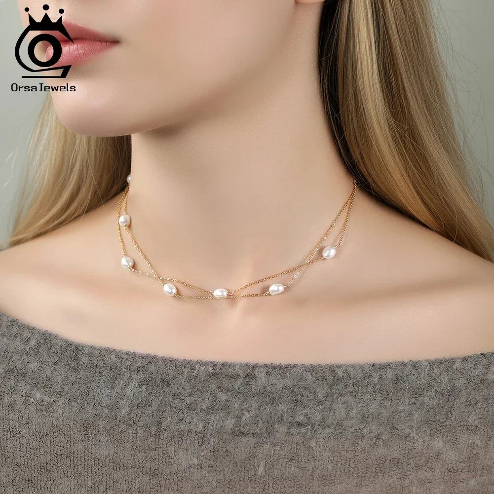 

ORSA JEWELS S925 Silver Multi Layered Stacked Chain Necklace with Natural Baroque Pearl for Women Collar Dainty Jewelry GPN90