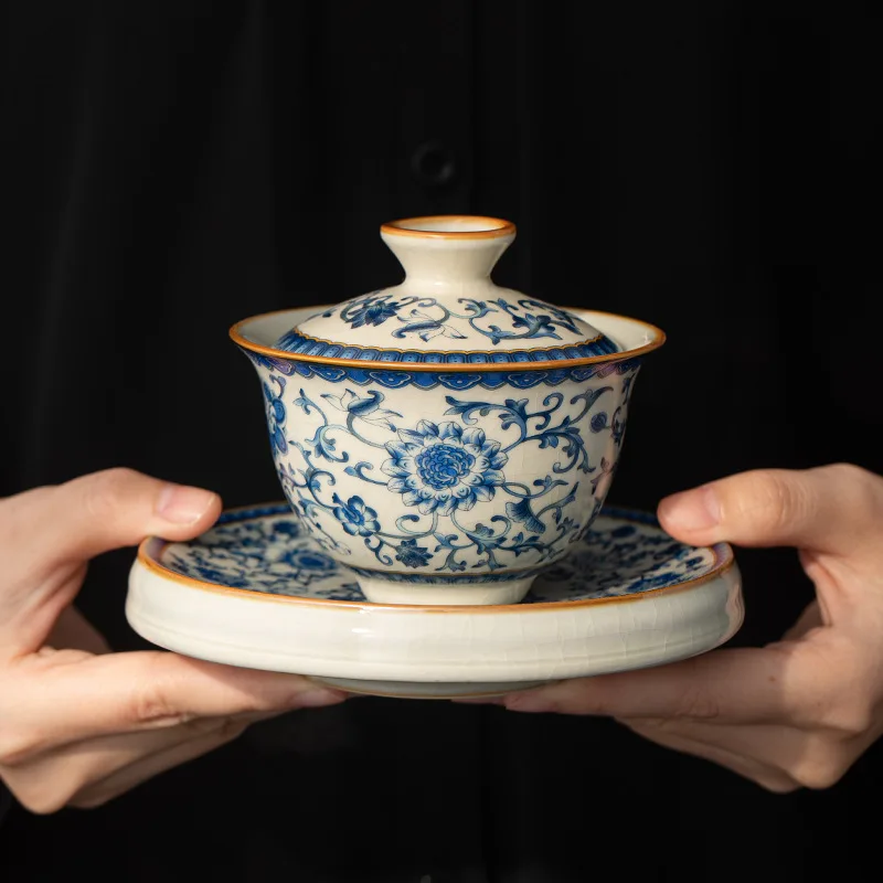 

Blue And White Ru Kiln Wrapped Branch Lotus Three Cover Bowl Teacup Teacup Single High-grade With Cover Home Kung Fu Tea Bowl